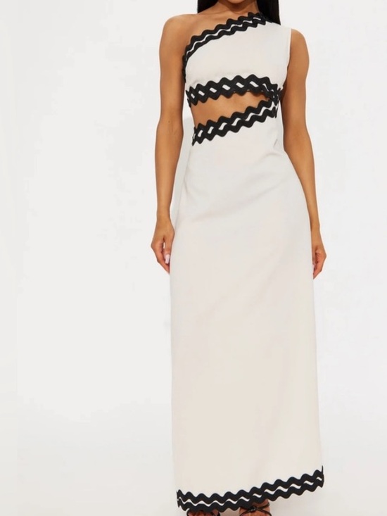 Fashion Nova Dresses & Skirts - Fashion Nova Simone  Linen One-Shoulder Tan Maxi Dress with Black Trim